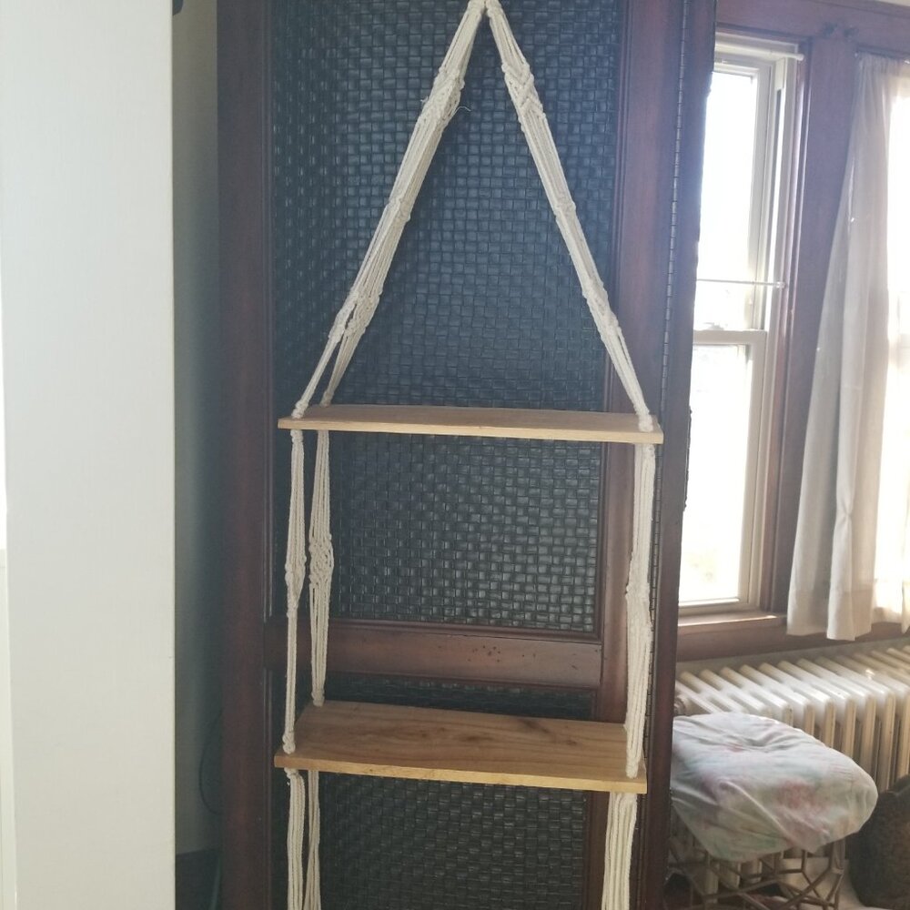 Macramé Two Shelf Wood Plant Hanger Boho Decor - Picture 6 of 8
